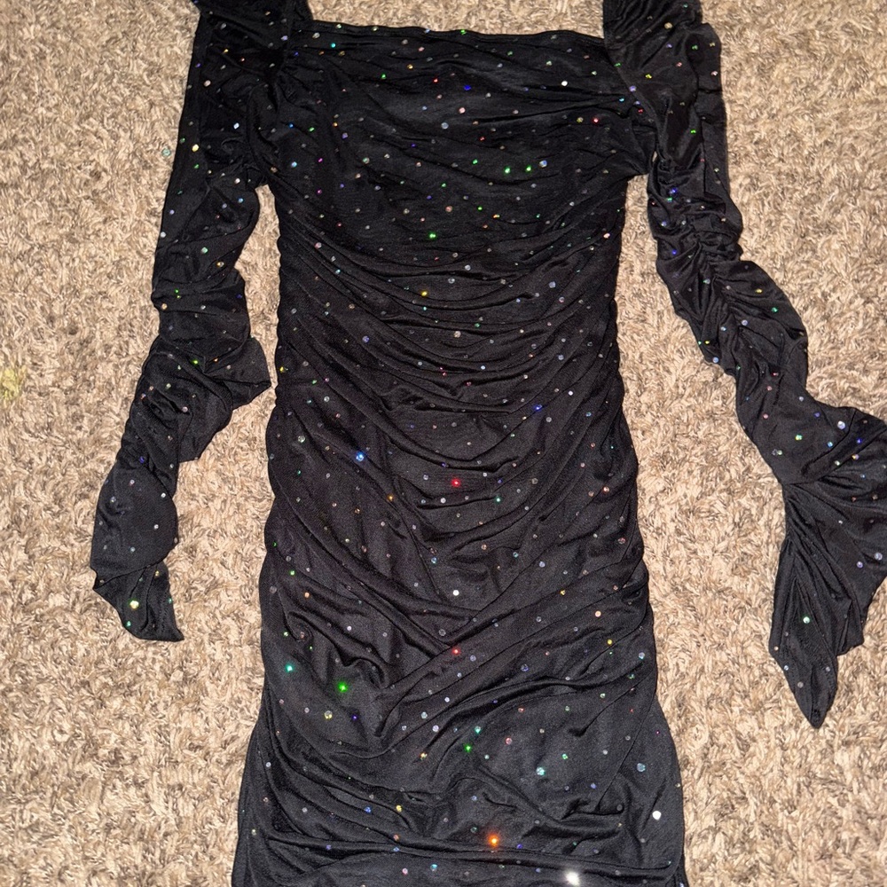 Black Ruched Mini Dress with Multicolor Accents